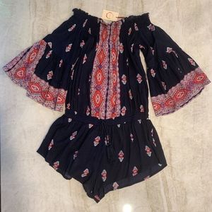 RAGA Off The Shoulder Navy and Red Romper NWT